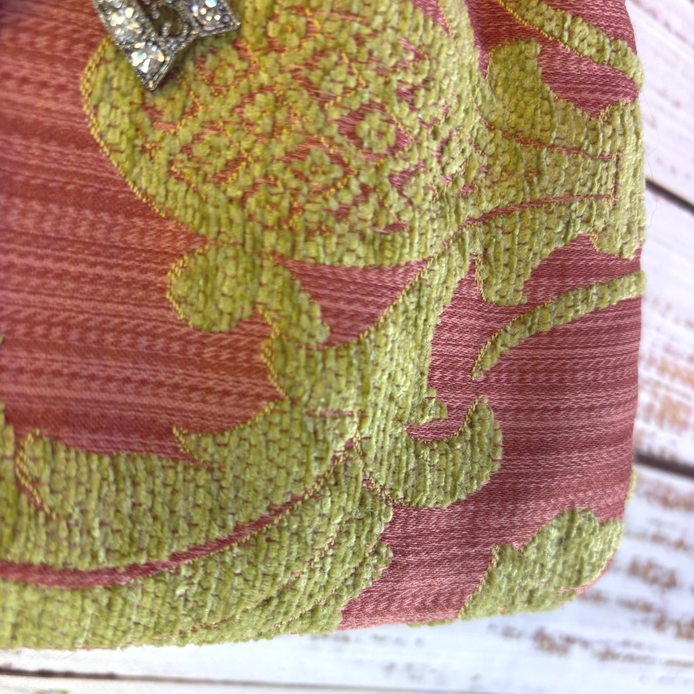Vintage Kiss-Lock Purse S Pink Green Chenille Damask Rhinestone Bow Coquette Bag - Picture 12 of 13
